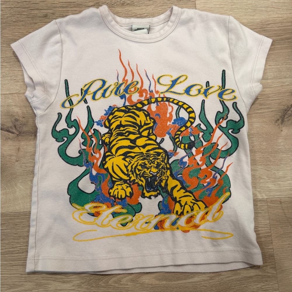 Urban Outfitters Cream Tee with Tiger and Flames